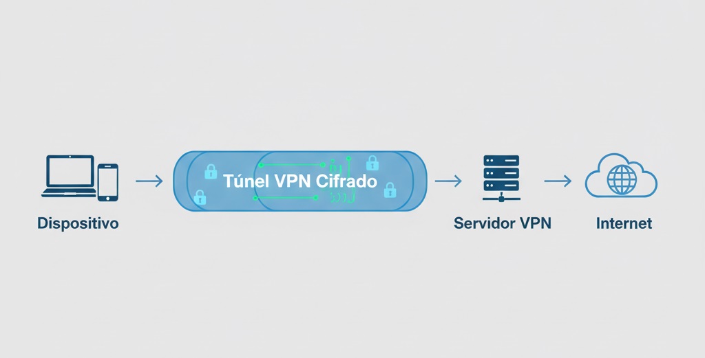 Las mejores VPN en 2026: guía para elegir bien Esquema simple mostrando “Dispositivo → Túnel VPN cifrado → Servidor VPN → Internet”